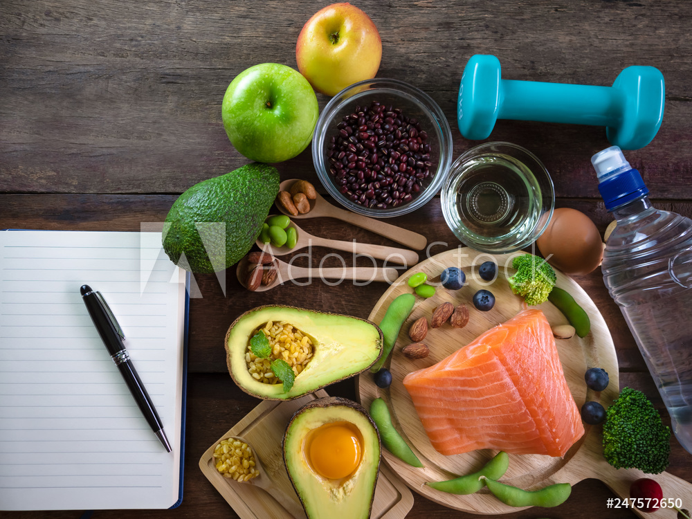 Healthy eating of ketogenic diet meal plan  apple,salmon and avocado with Workout and fitness dieting ,fitness and weight loss concept